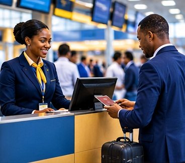 Airline agent processing a fare and ticketing transaction at the counter