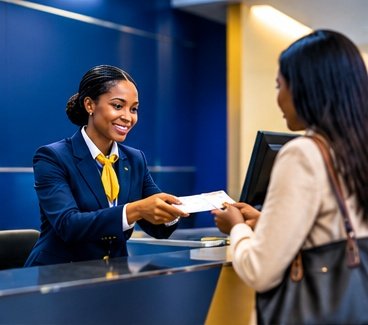 Airline agent handing a boarding document to a passenger at the service counter