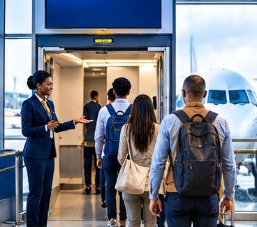 Passengers boarding an aircraft through the gate