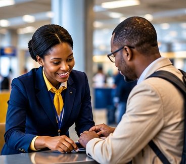 Airline agent assisting a passenger at the service counter