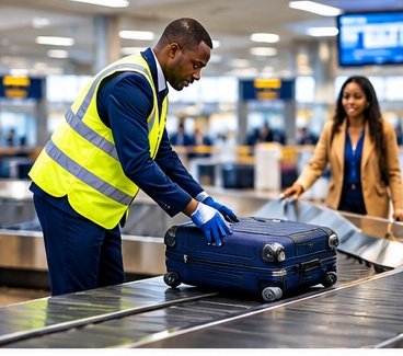 Airline staff member assisting passengers at the airport