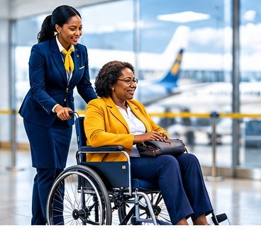 Airline agent assisting a passenger with reduced mobility in a wheelchair