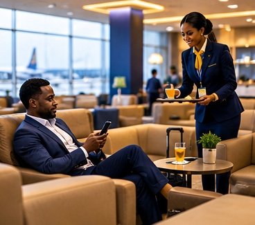Airline staff member managing tasks at a service counter