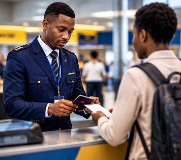 Airline staff member using a computer system at the airport