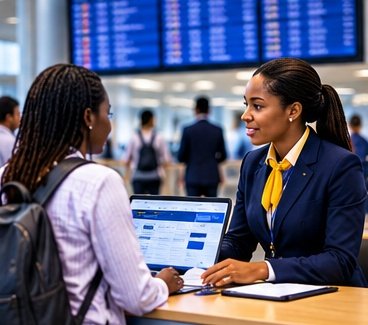 Airline staff member leading a discussion with colleagues