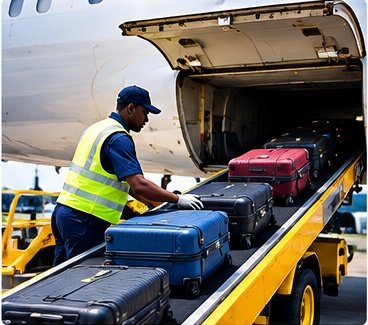 Ground handling agent loading checked baggage into an aircraft hold