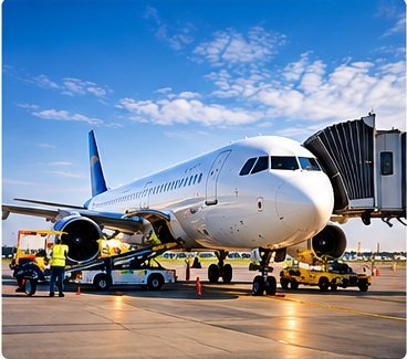 Aircraft on stand connected to a jet bridge, surrounded by ground support equipment